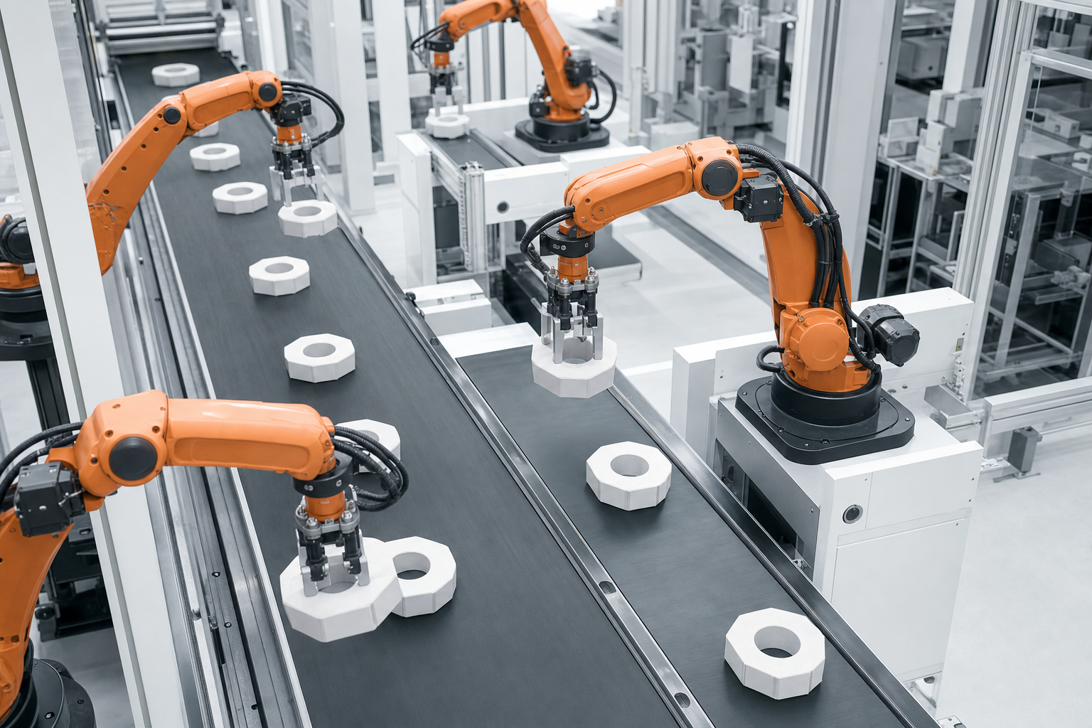 Seramik bileşen üreten temiz fabrika ve robot kollar