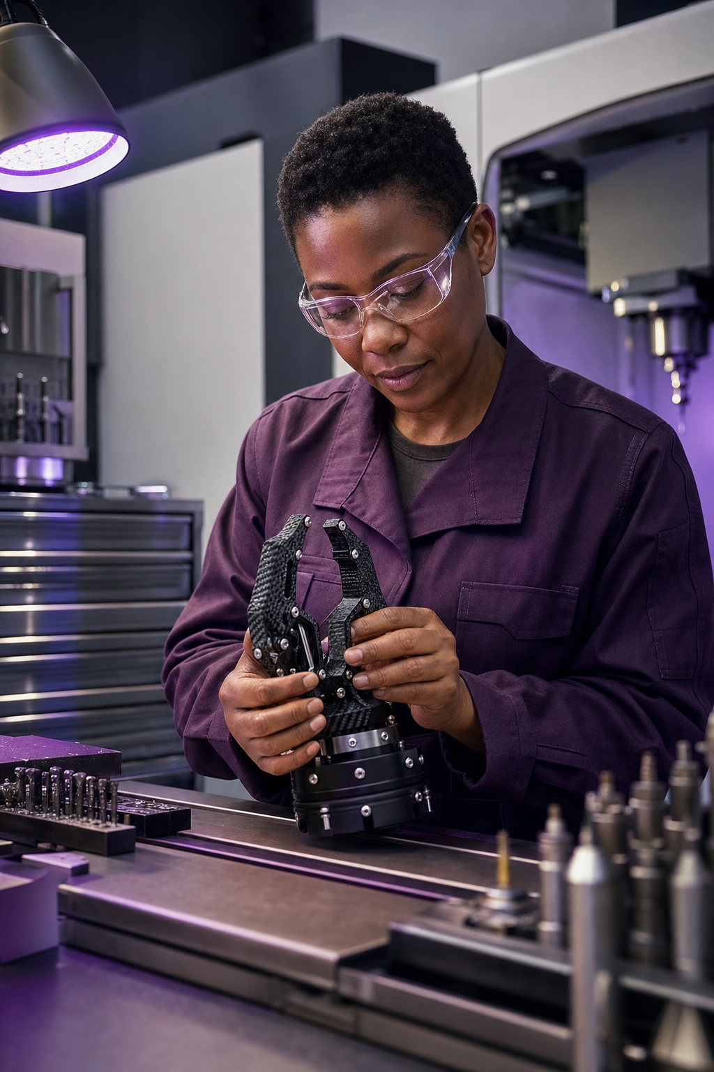 CNC laboratuvarında robotik tutucuyu inceleyen yetişkin kadın makinist