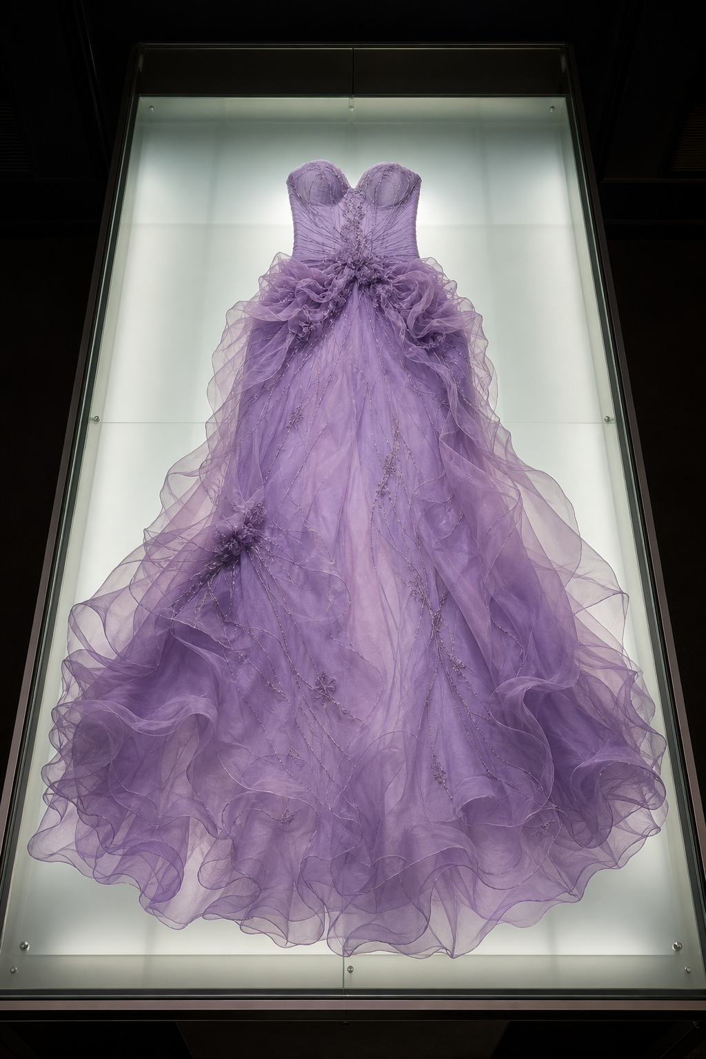 Işıklı arşiv masasında lavanta organza gece elbisesi