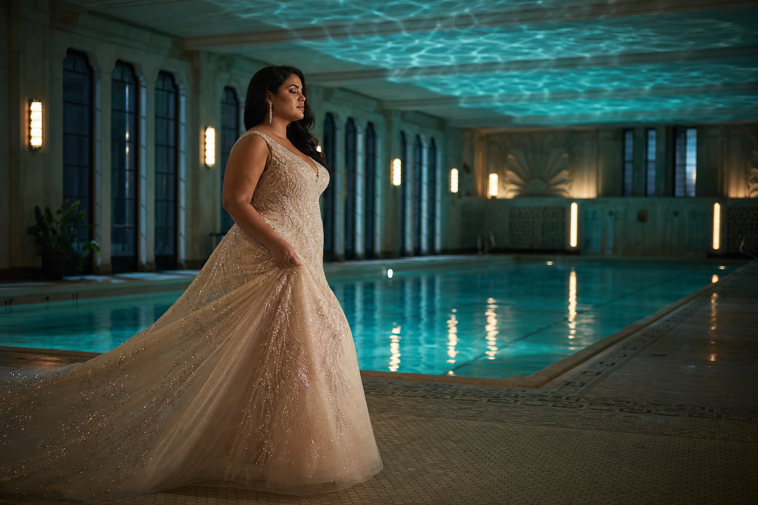 Art Deco havuzunda işlemeli gelinlik moda çekimi