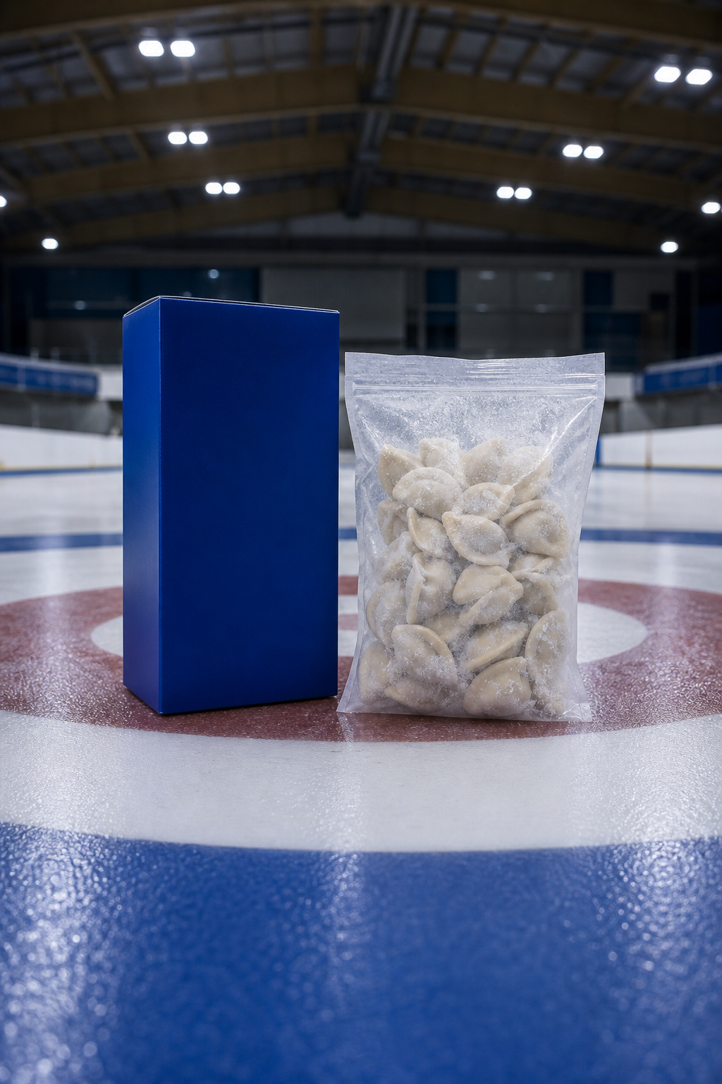 Boş curling pistinde buzlu mantı ambalajları