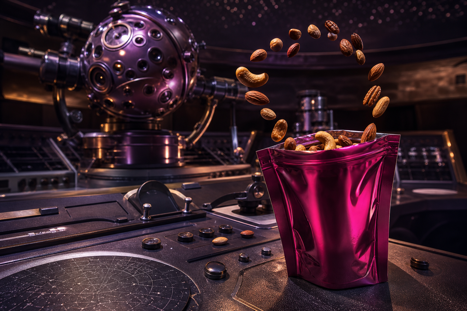 Eski planetaryumda yörüngede kuruyemişlerle metalik magenta atıştırmalık paketi