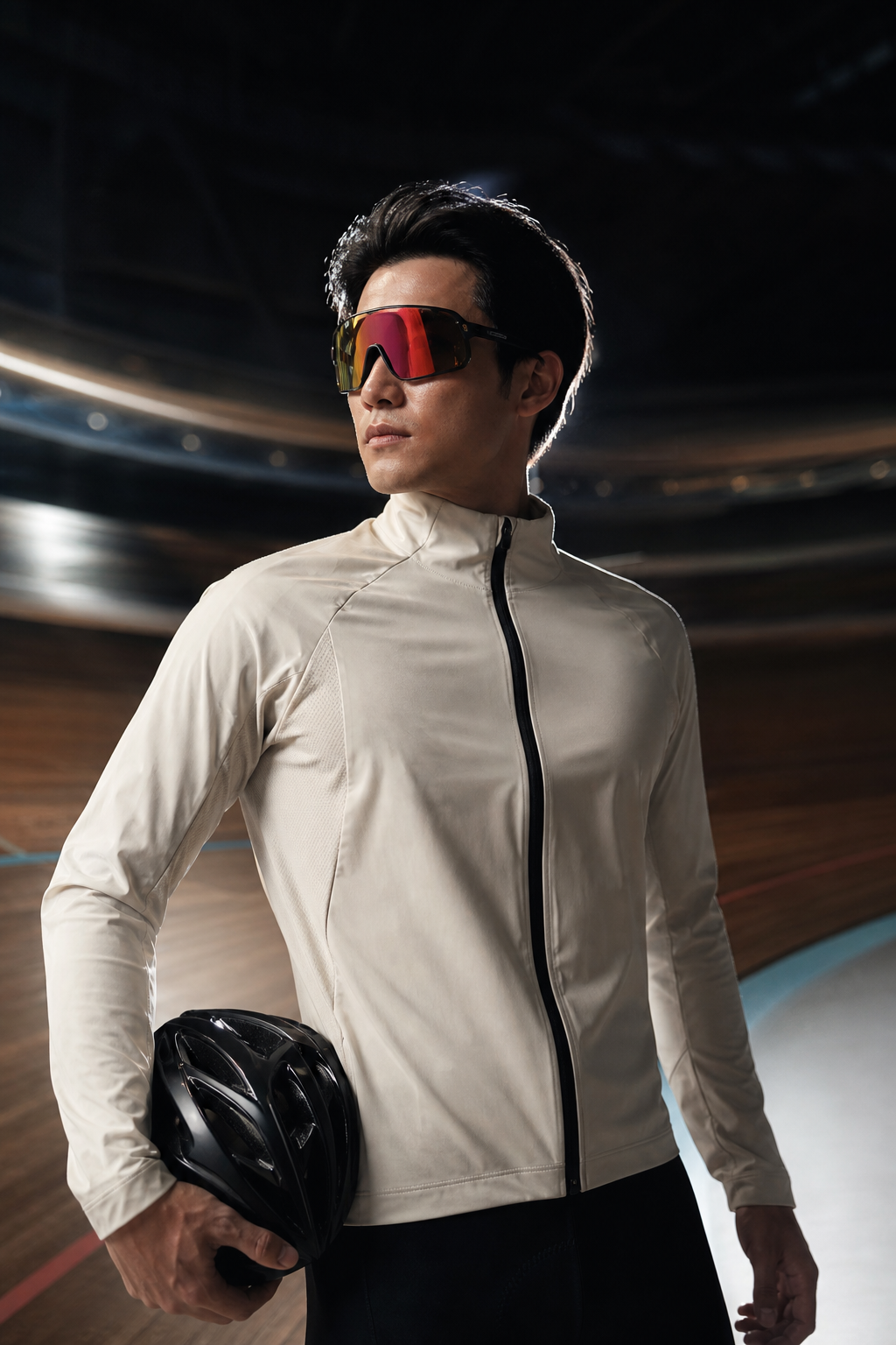 Velodromda mercan renkli spor gözlüklü erkek model