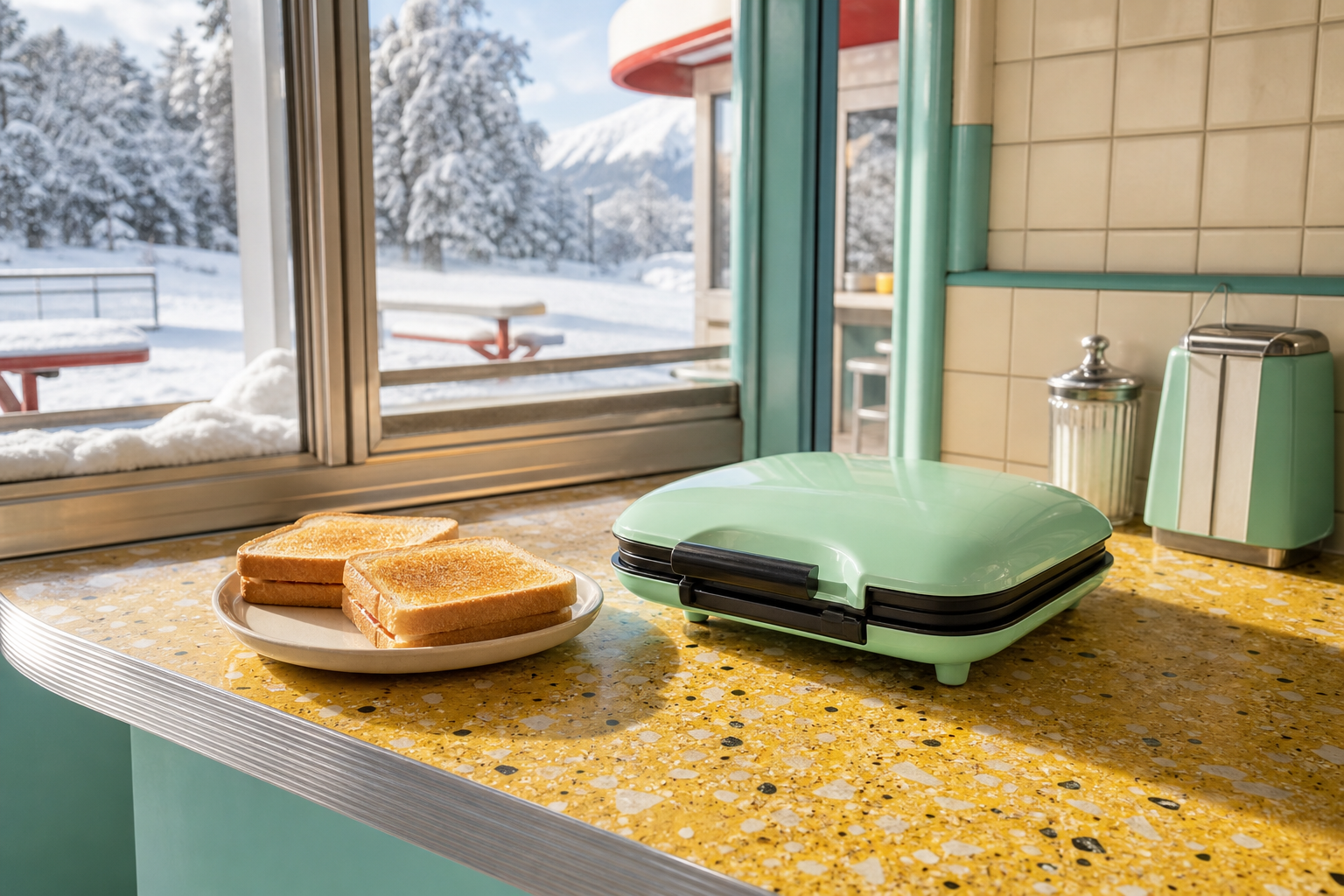 Karlı yol kenarı büfesinde mint tost makinesi
