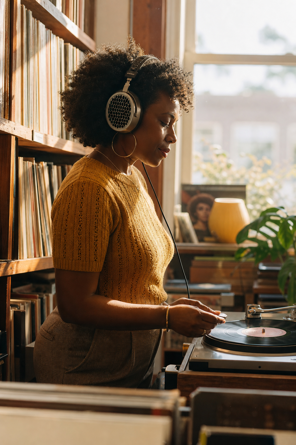 Plak arşivinde kulaklıkla müzik dinleyen yetişkin kadın lifestyle çekimi