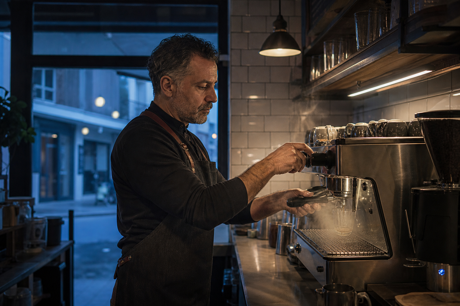 Kahve atölyesinde espresso makinesi kullanan yetişkin barista çekimi