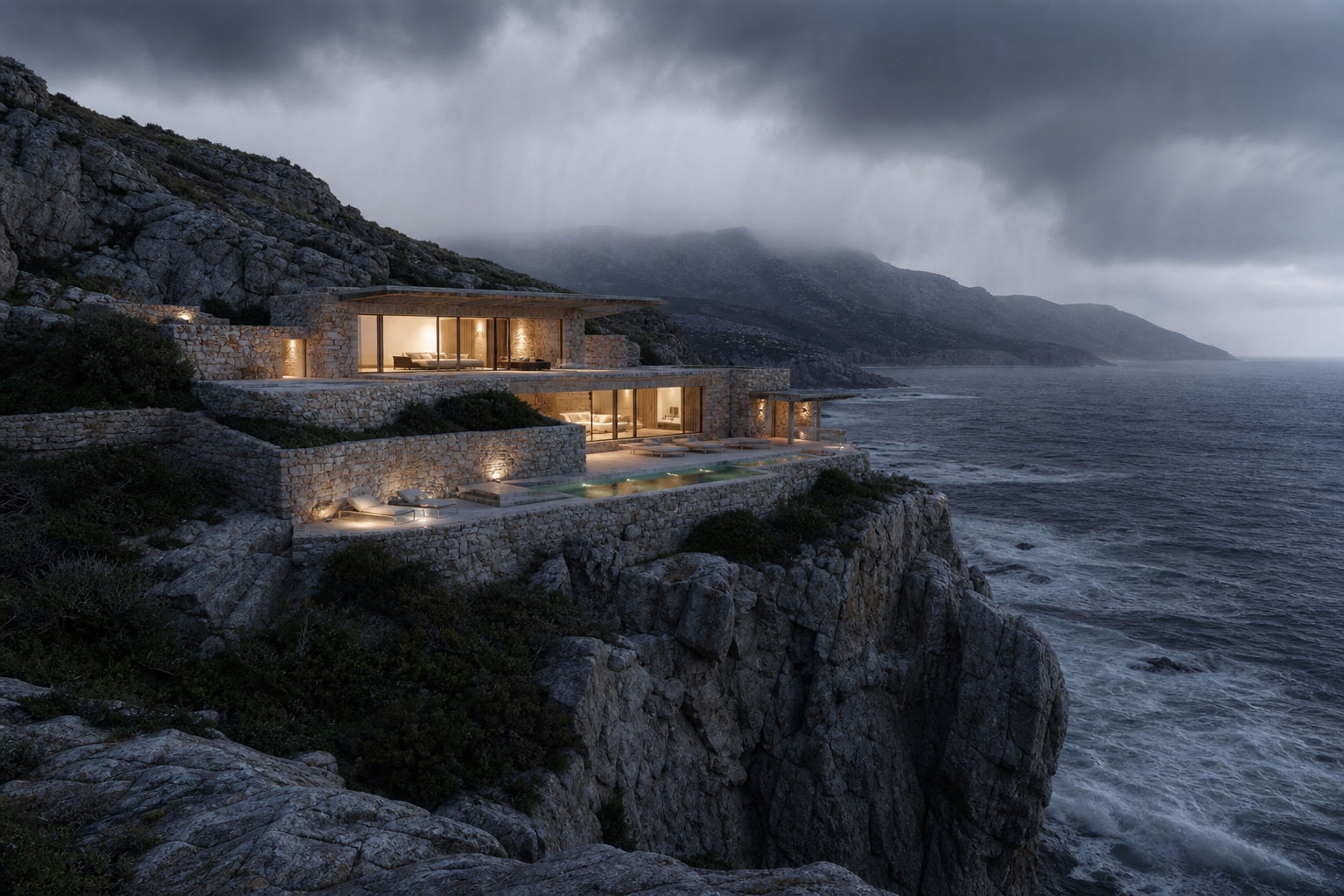 Mavi saatte kıyı şeridindeki çağdaş taş villa