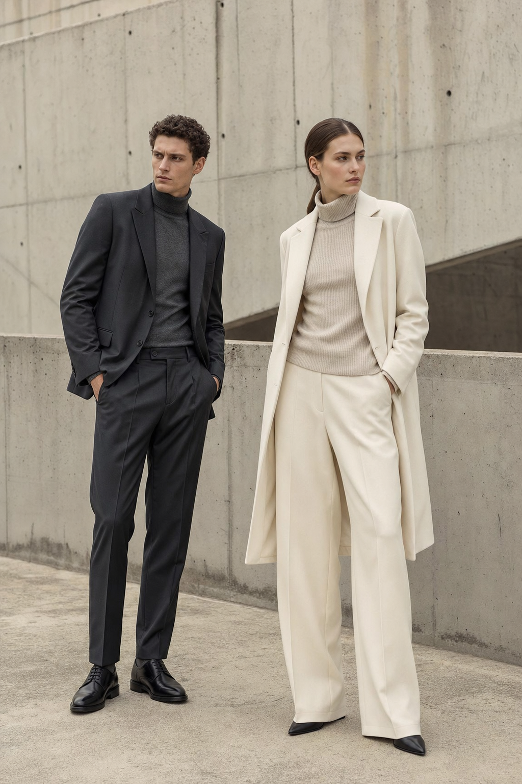 Brutalist mimaride iki modelli moda çekimi