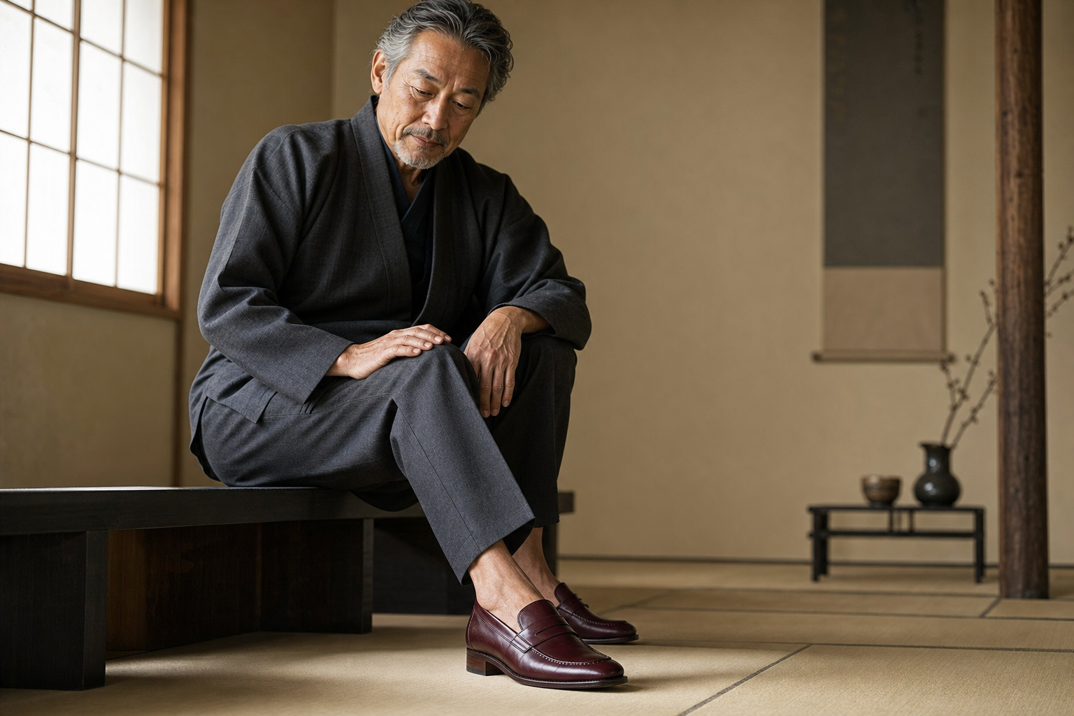 Tatami odasında bordo loafer giyen olgun erkek model ile ayakkabı çekimi