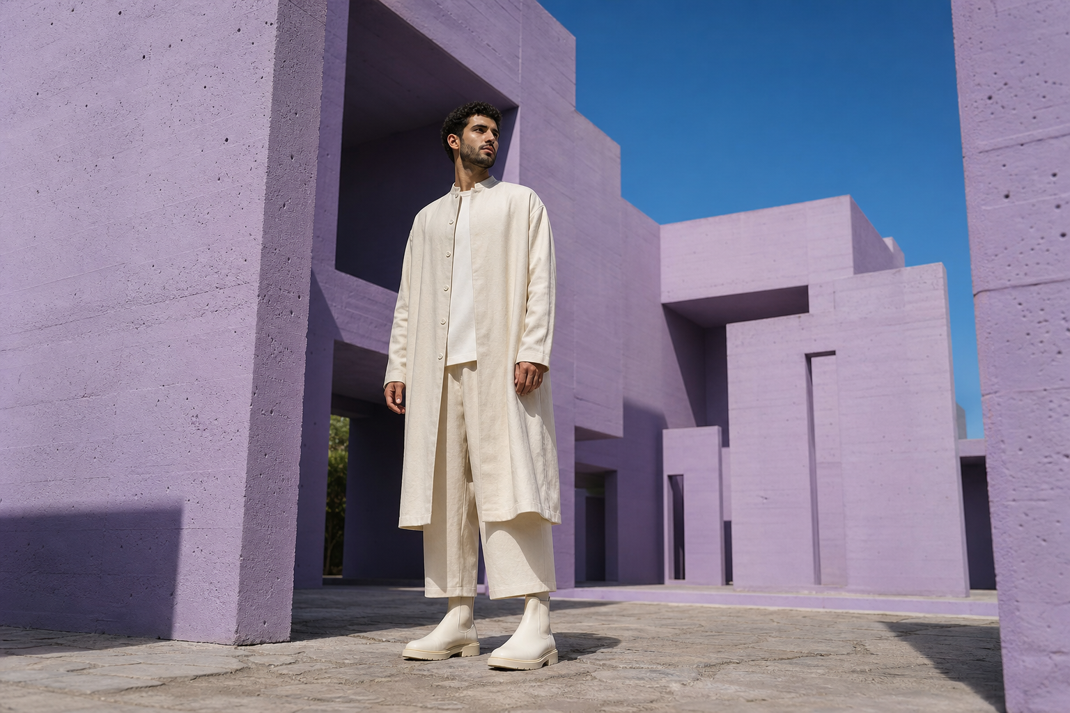 Lavanta tonlu brutalist avluda krem katmanlı modern muhafazakar erkek moda çekimi