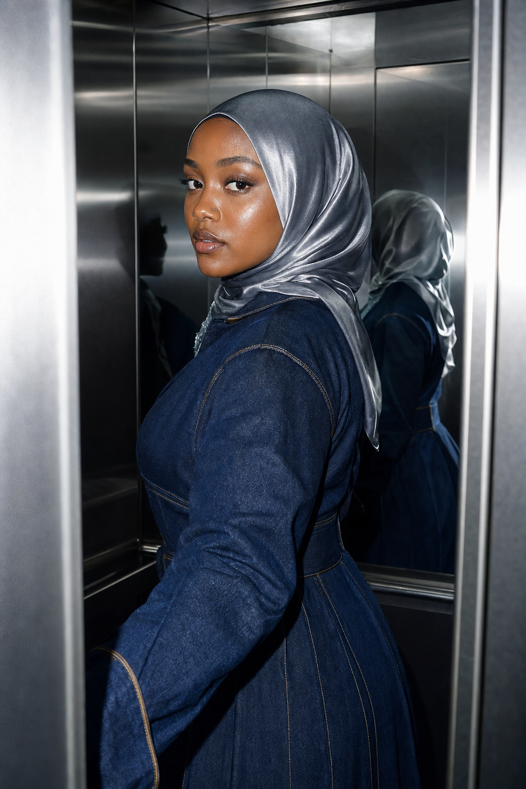 Metalik asansörde indigo denim ve gümüş eşarpla modern muhafazakar kadın moda portresi