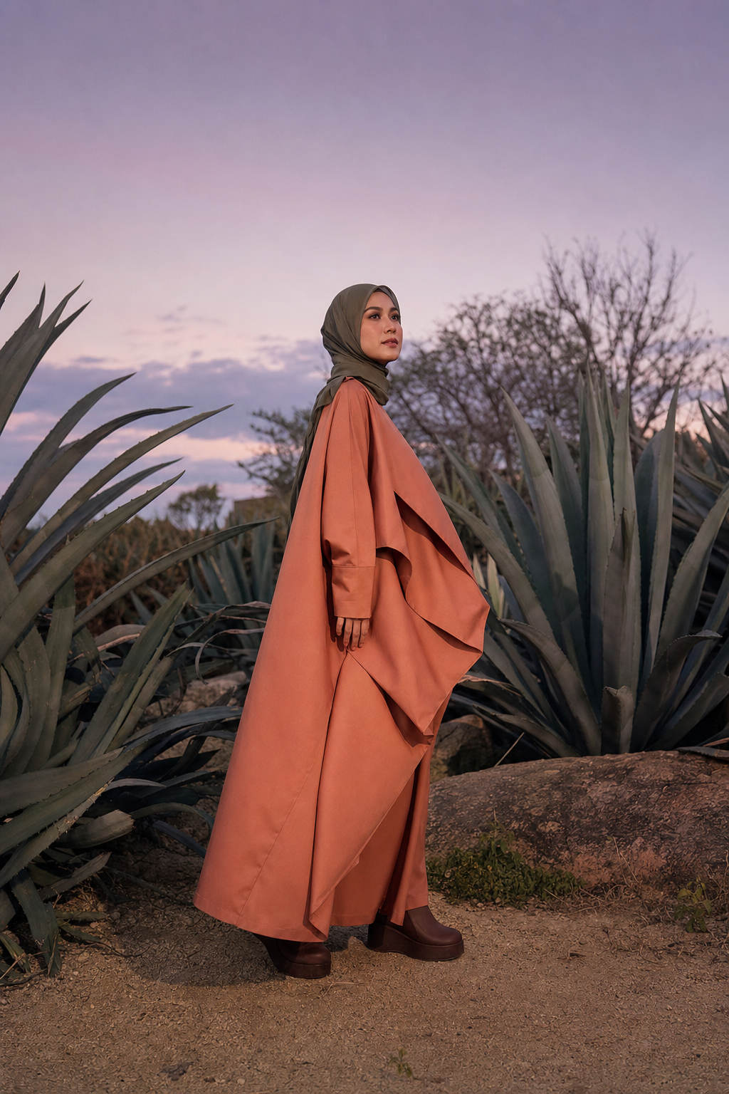 Agave bahçesinde mercan rengi mimari kesimli abaya ile gün batımı moda çekimi