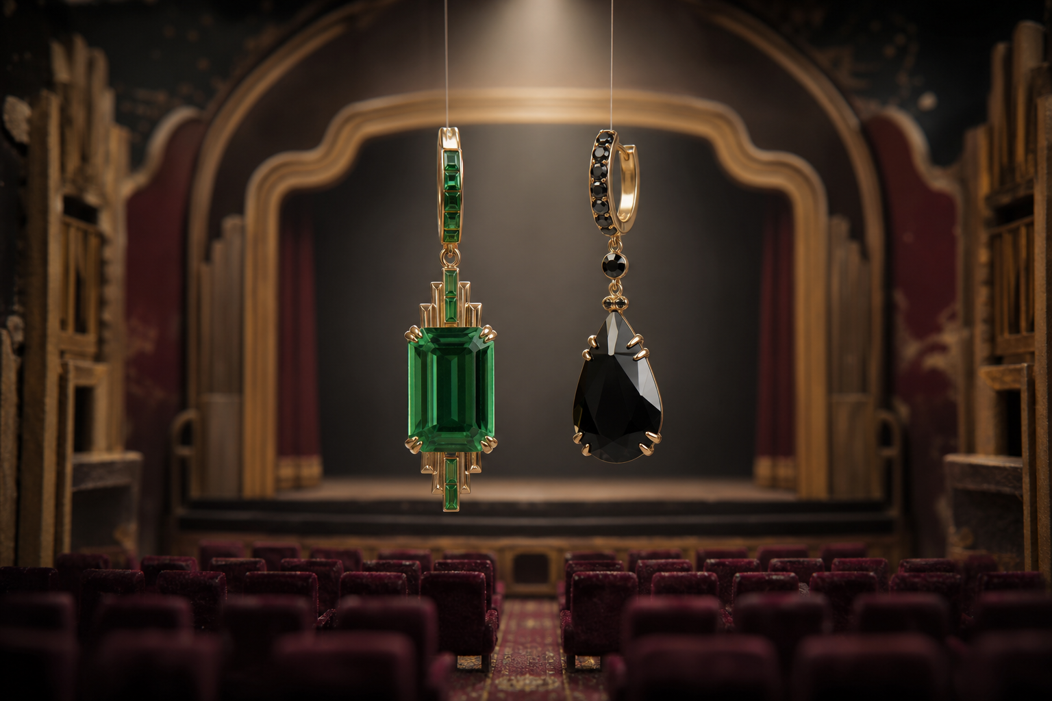 Art Deco sinema sahnesinde zümrüt ve siyah spinel küpeler