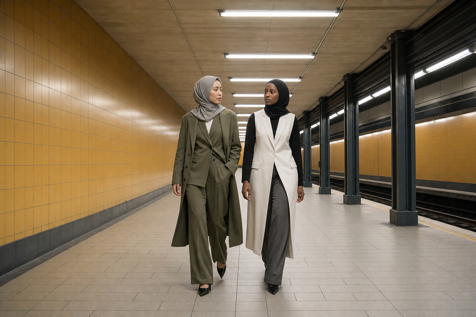 Sarı metro platformunda katmanlı giyimli iki kadın model