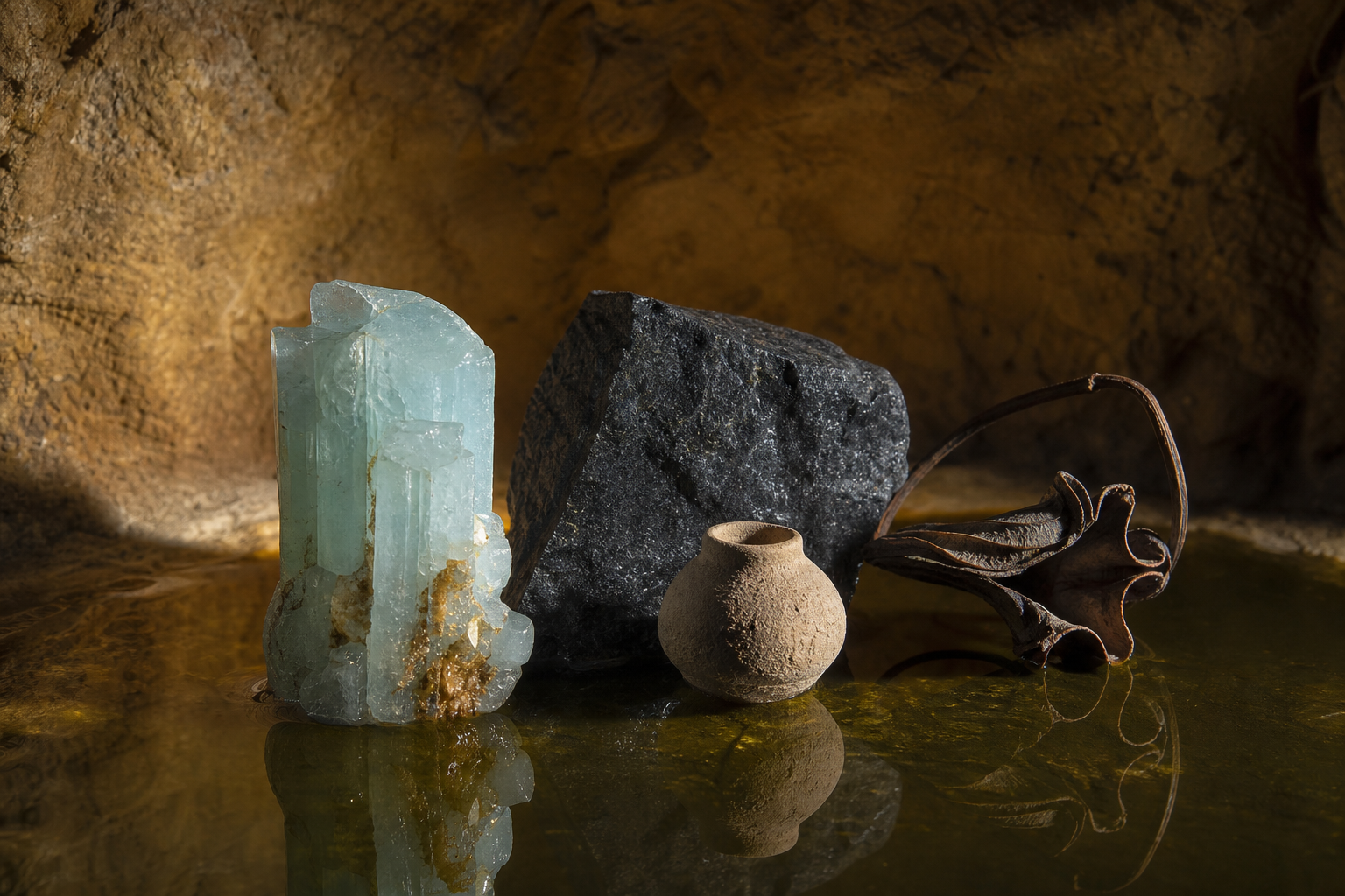 Ochre mağarada mineral seramik ve tohum natürmortu