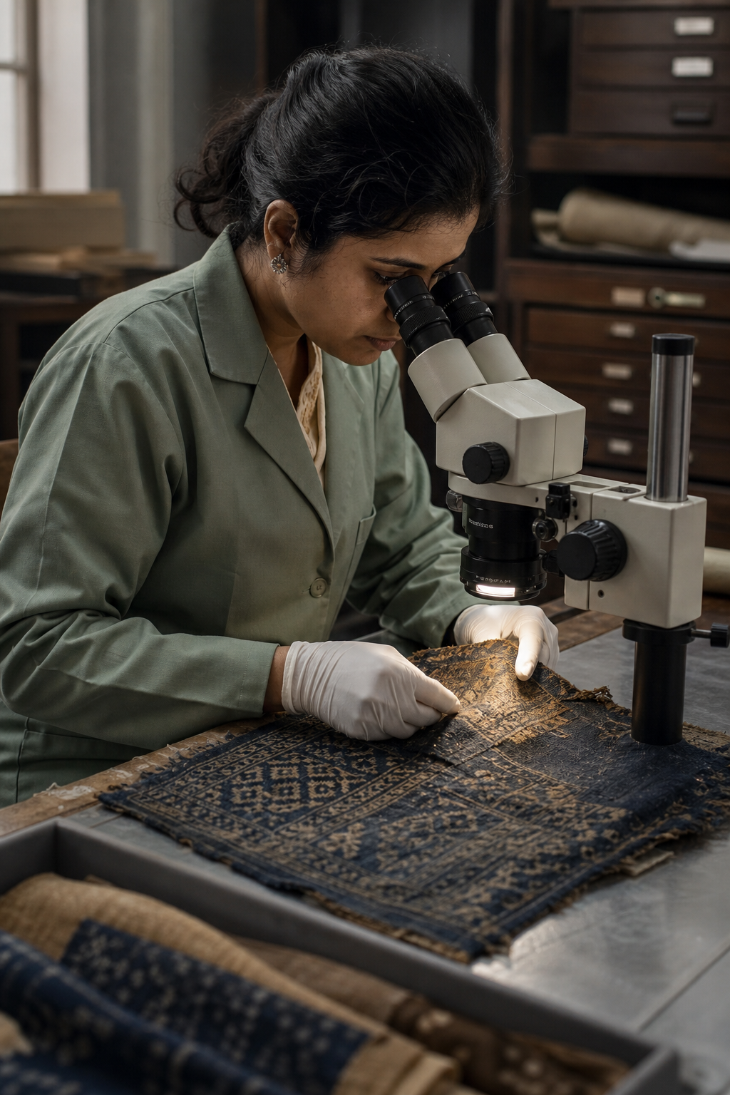 Müze laboratuvarında tarihi dokumayı inceleyen yetişkin tekstil konservatörü