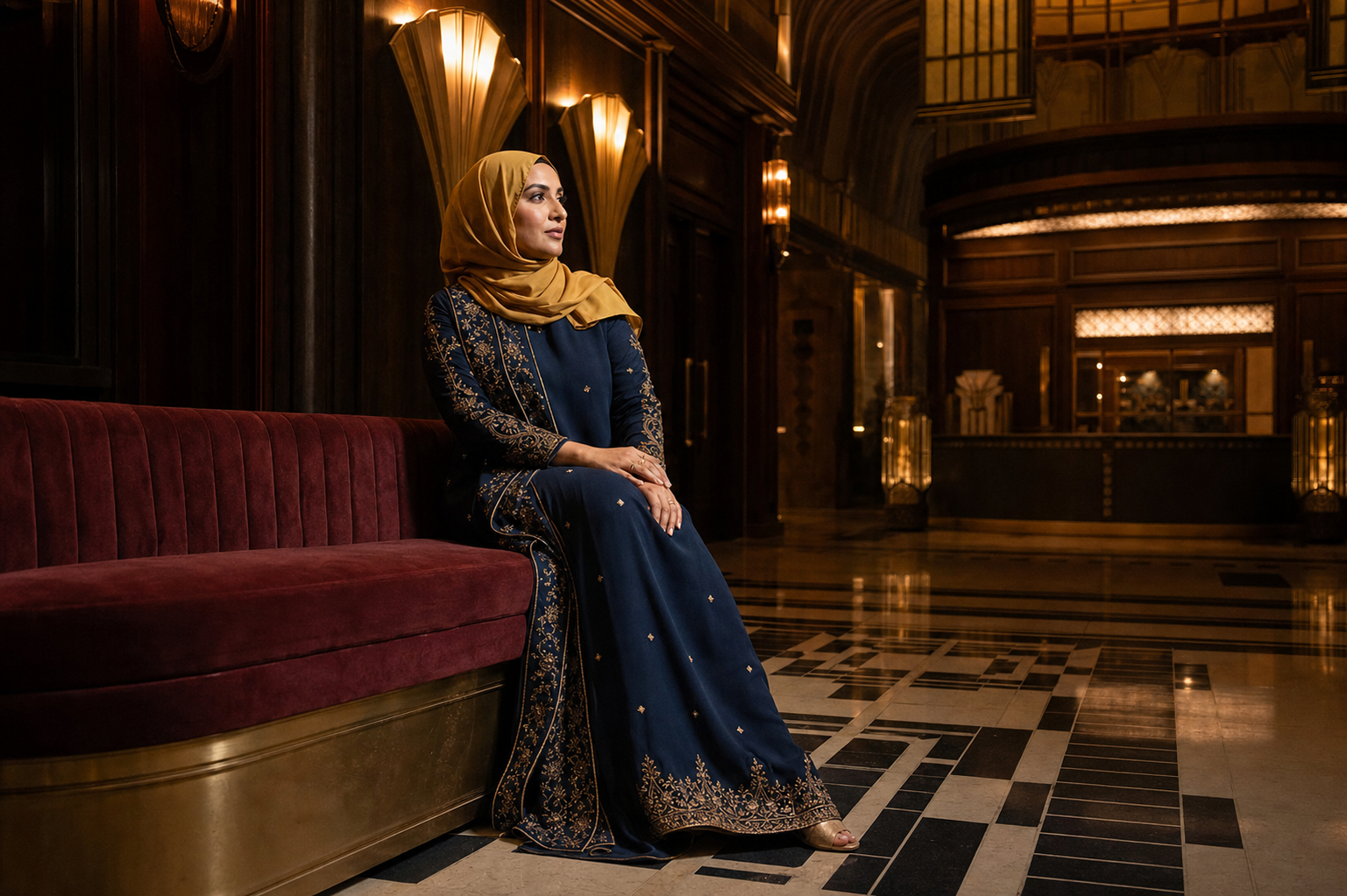 Art Deco sinema fuayesinde işlemeli lacivert elbiseli kadın model