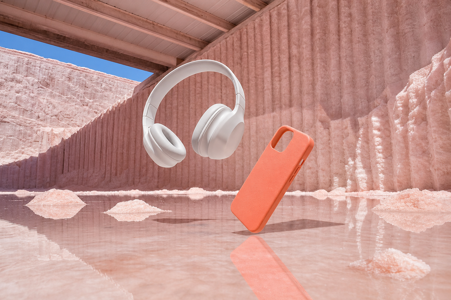 Pembe tuz hangarında beyaz kulaklık ve mercan telefon kılıfı