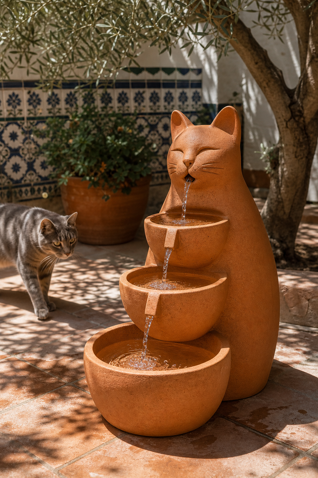 Akdeniz avlusunda terracotta kedi su ünitesi