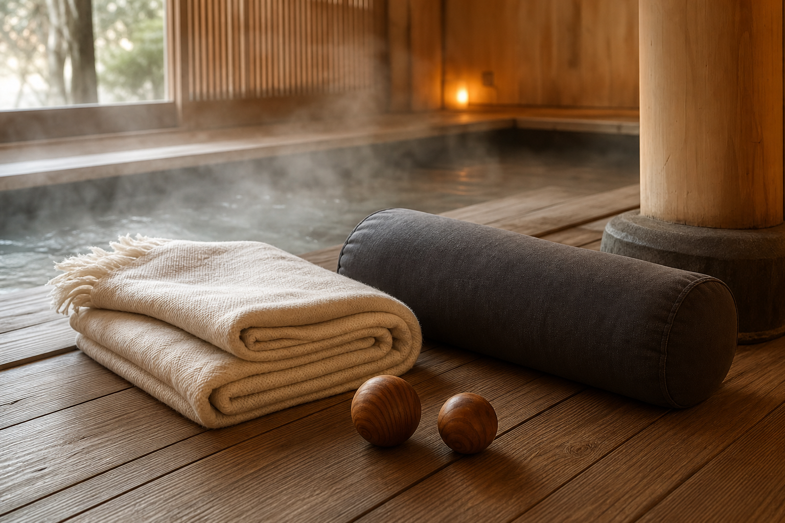 Sedir hamamında meditasyon minderi ve dinlenme ürünleri