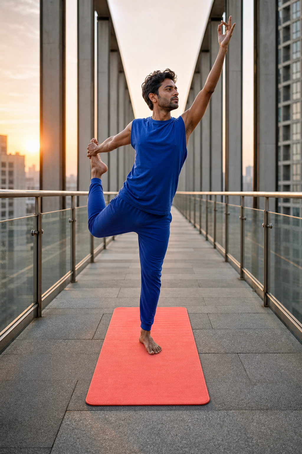 Gün doğumunda çatı köprüsünde yoga yapan erkek